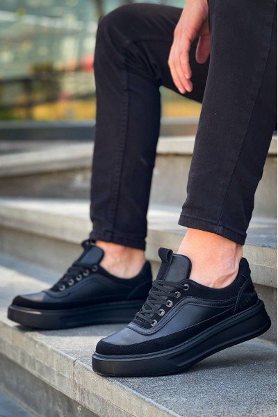 KB-006 Kuback Siyah Cilt Siyah Yüksek Taban Bağcıklı Günlük Erkek Ayakkabı