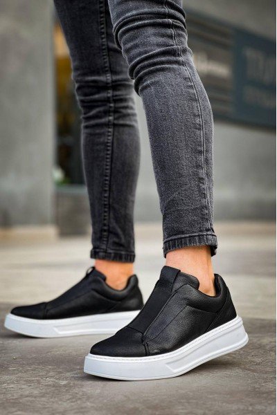 KB-007  Kuback Siyah Beyaz Yüksek Taban Tek Bant Bağcıksız Günlük Erkek Ayakkabı