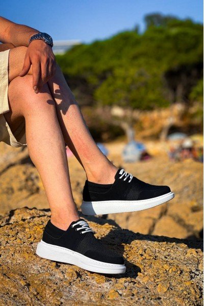 KB-042  Kuback Bağcıklı  Siyah Deri Tozu Beyaz Taban Günlük Erkek Ayakkabı