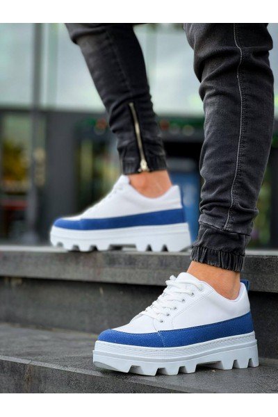 KB-056 Kuback Beyaz Mavi Detaylı Beyaz Yüksek Taban Günlük Spor Ayakkabı