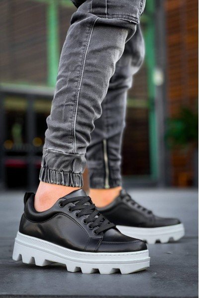 KB-056 Kuback Siyah Cilt Beyaz Yüksek Taban Günlük Spor Ayakkabı