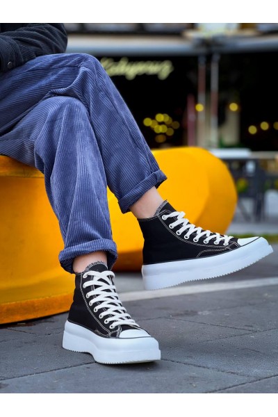 KB-CX-3 Kuback Uzun Siyah Keten Beyaz Yüksek Taban Spor Ayakkabı