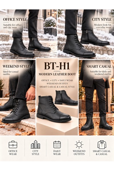 BayTuluk BT-H1 Siyah Hakiki Deri Fermuarlı Günlük Erkek Bot