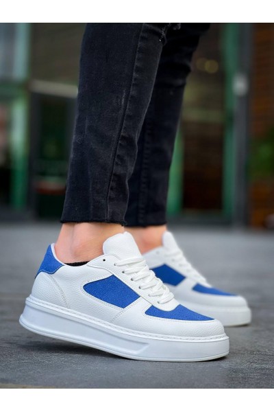 KB-X8 Kuback Beyaz Cilt Mavi Süet Detaylı Beyaz Yüksek Taban Günlük Spor Ayakkabı