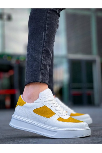 KB-X8 Kuback Beyaz Cilt Sarı Süet Detaylı Beyaz Yüksek Taban Günlük Spor Ayakkabı