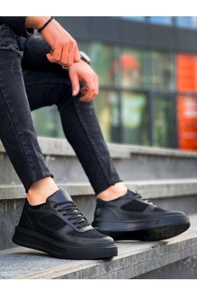 KB-X8 Kuback Siyah Cilt Siyah Süet  Detaylı Siyah Yüksek Taban Günlük Spor Ayakkabı