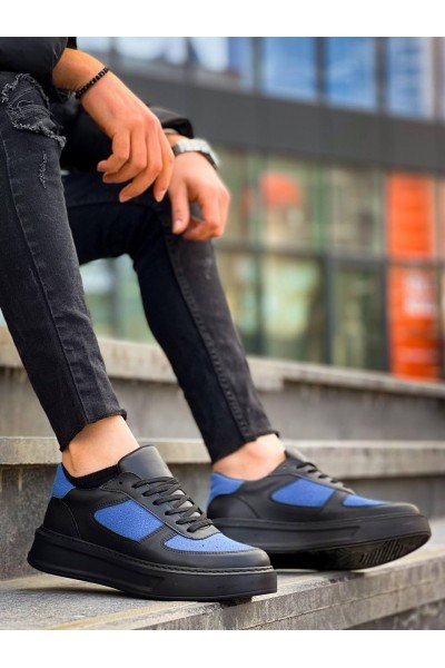KB-X8 Kuback Siyah Cilt Mavi Süet Detaylı Siyah Yüksek Taban Günlük Spor Ayakkabı