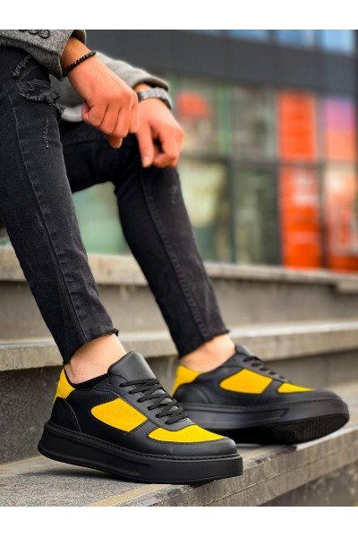 KB-X8 Kuback Siyah Sarı Cilt Yüksek Taban Günlük Spor Ayakkabı