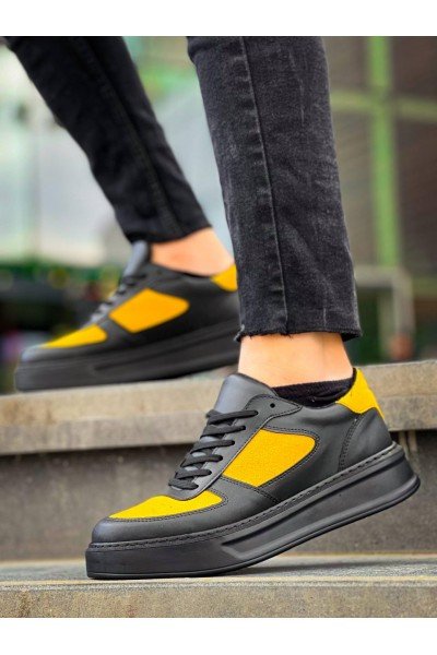 KB-X8 Kuback Siyah Sarı Cilt Yüksek Taban Günlük Spor Ayakkabı