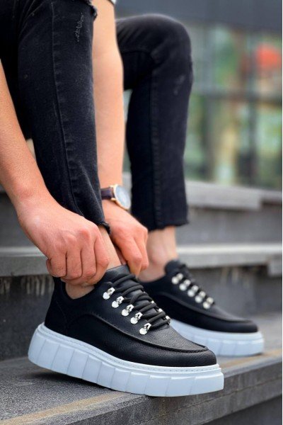 KB-X10 Kuback Siyah Cilt  Beyaz Yüksek Taban Günlük Spor Ayakkabı