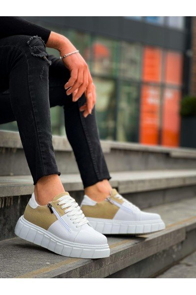 KB-X155 Kuback Beyaz Cilt Bej Süet Detaylı Beyaz Yüksek Taban Günlük Spor Ayakkabı