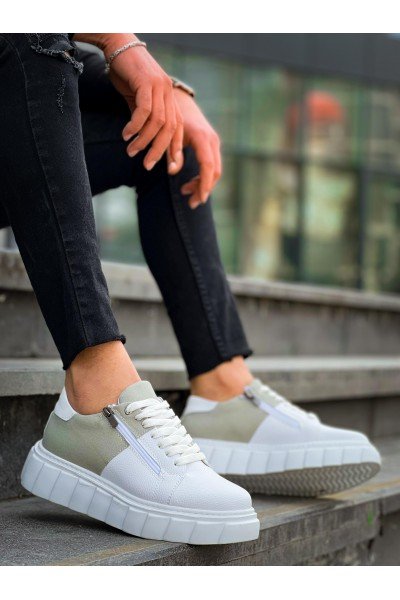 KB-X155 Kuback Beyaz Cilt Gri Süet Detaylı Beyaz Yüksek Taban Günlük Spor Ayakkabı