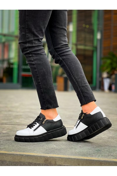 KB-X155 Kuback Beyaz Cilt Siyah Cilt Detaylı Siyah Yüksek Taban Günlük Spor Ayakkabı