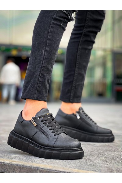 KB-X155 Kuback Siyah Cilt Detaylı Siyah Yüksek Taban Günlük Spor Ayakkabı