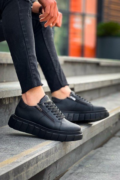 KB-X155 Kuback Siyah Cilt Detaylı Siyah Yüksek Taban Günlük Spor Ayakkabı