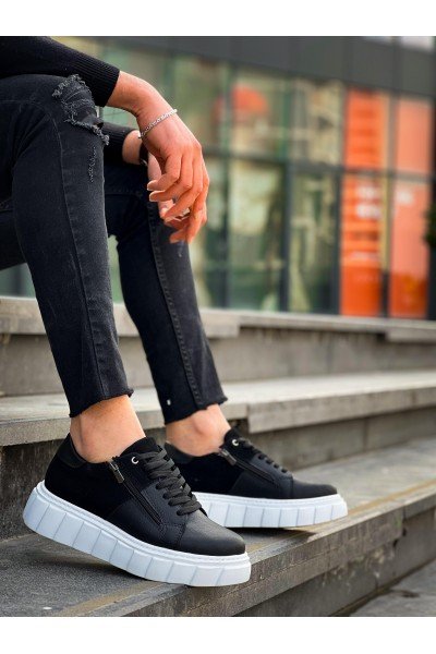 KB-X155 Kuback Siyah Cilt Siyah Süet Detaylı Beyaz Yüksek Taban Günlük Spor Ayakkabı