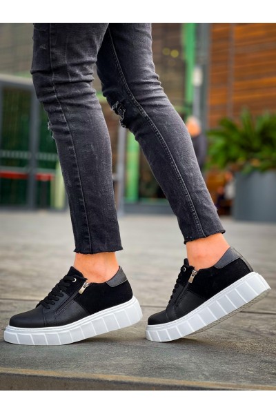 KB-X155 Kuback Siyah Cilt Siyah Süet Detaylı Beyaz Yüksek Taban Günlük Spor Ayakkabı