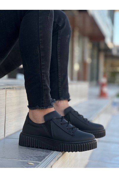 KB-X502  Kuback Siyah Cilt Yüksek Siyah Taban Bağcık Detaylı Lastikli Günlük Erkek Ayakkabı