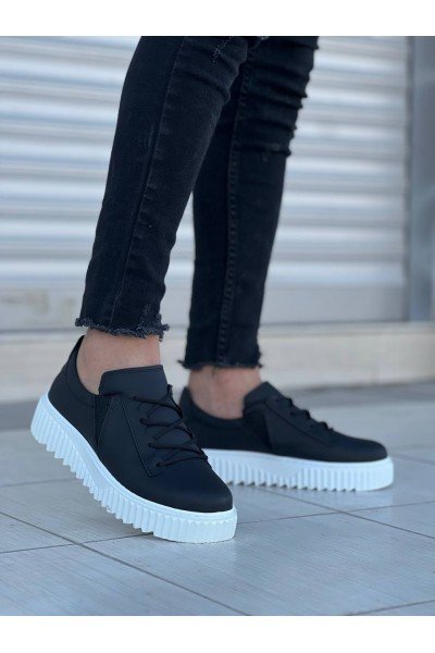 KB-X502  Kuback Siyah Cilt Yüksek Beyaz Taban Bağcık Detaylı Lastikli Günlük Erkek Ayakkabı