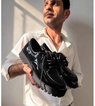 KB-KX6 Kuback Kömür Rugan Bağcıklı Günlük Unisex Ayakkabı