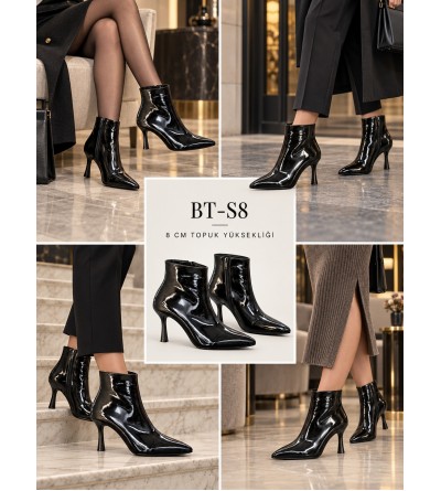 BayTuluk BT-S8 Siyah Rugan Sivri Burun 8 cm Yüksek Topuklu Stiletto Kadın Bot