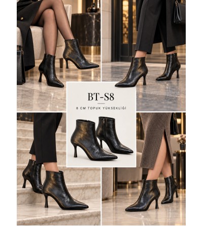 BayTuluk BT-S8 Siyah Yanki Sivri Burun 8 cm Yüksek Topuklu Stiletto Kadın Bot