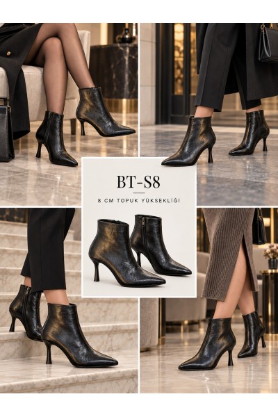 BayTuluk BT-S8 Siyah Yanki Sivri Burun 8 cm Yüksek Topuklu Stiletto Kadın Bot