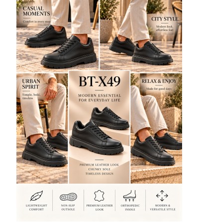 BayTuluk BT-X49 Siyah Cilt Siyah Yüksek Taban Bağcıklı Erkek Günlük Ayakkabı