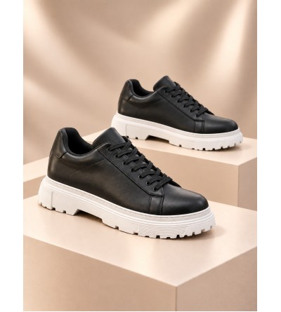 BayTuluk BT-X49 Siyah Cilt Beyaz Yüksek Taban Bağcıklı Erkek Günlük Ayakkabı