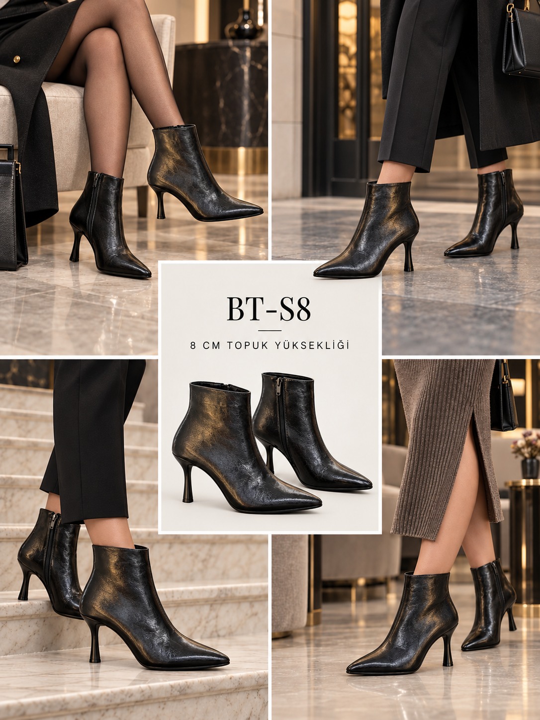 BayTuluk BT-S8 Siyah Yanki Sivri Burun 8 cm Yüksek Topuklu Stiletto Kadın Bot 5