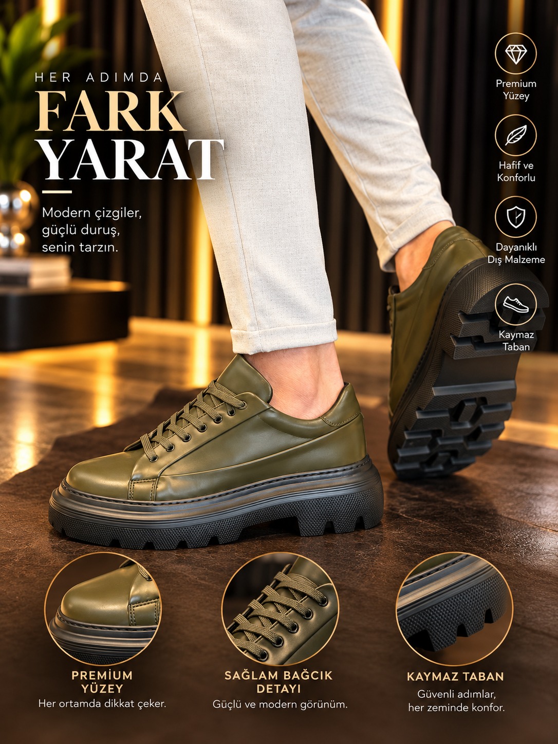 BayTuluk BT-X24 Haki Vegan Deri Siyah Yüksek Taban Erkek Günlük Spor Ayakkabı 4